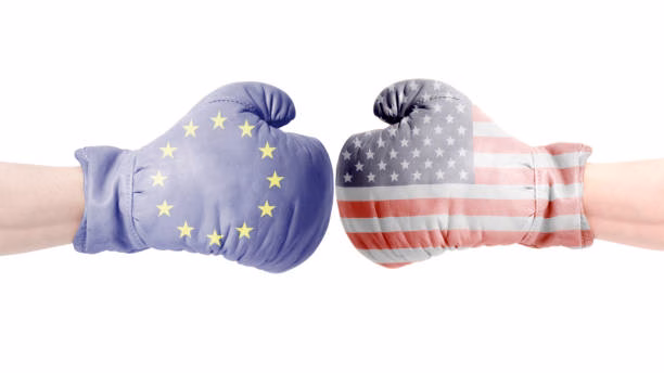 Boxing gloves with European Union and USA flags. USA vs European Union concept. isolated on a white background