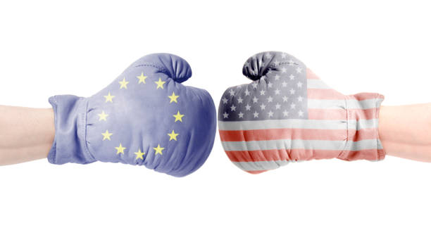 Boxing gloves with European Union and USA flags. USA vs European Union concept. isolated on a white background