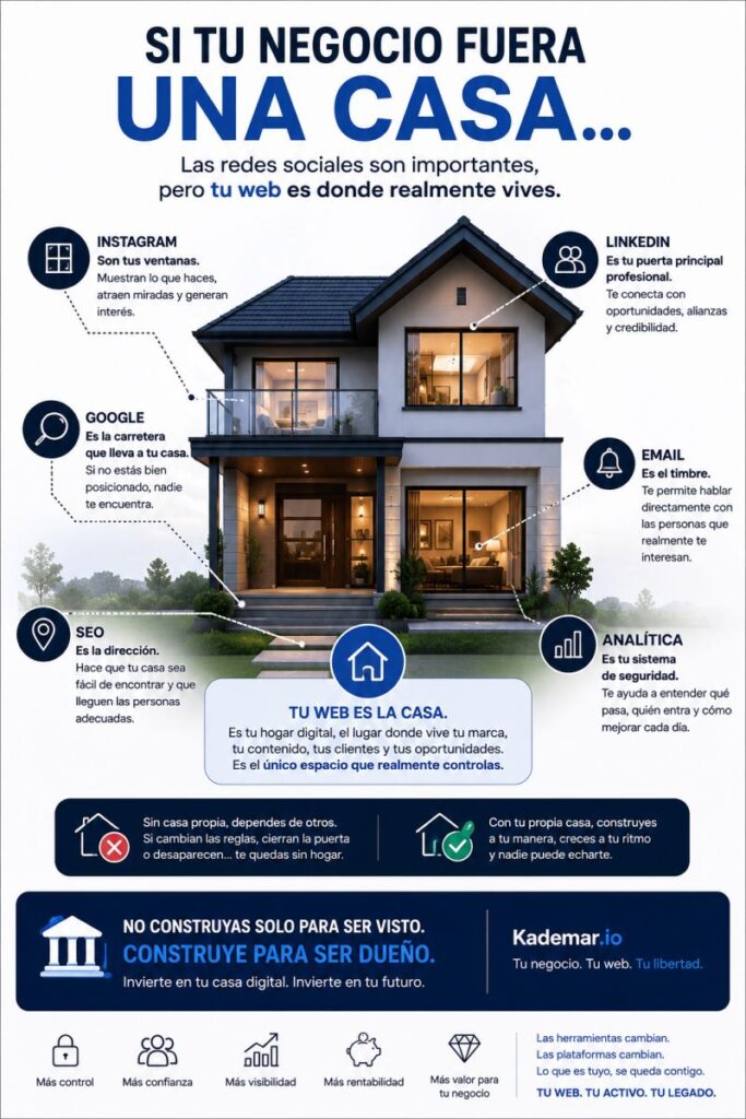 Infografía que compara una web propia con una casa digital y muestra el papel de Instagram, LinkedIn, Google, email, SEO y analítica en un negoci