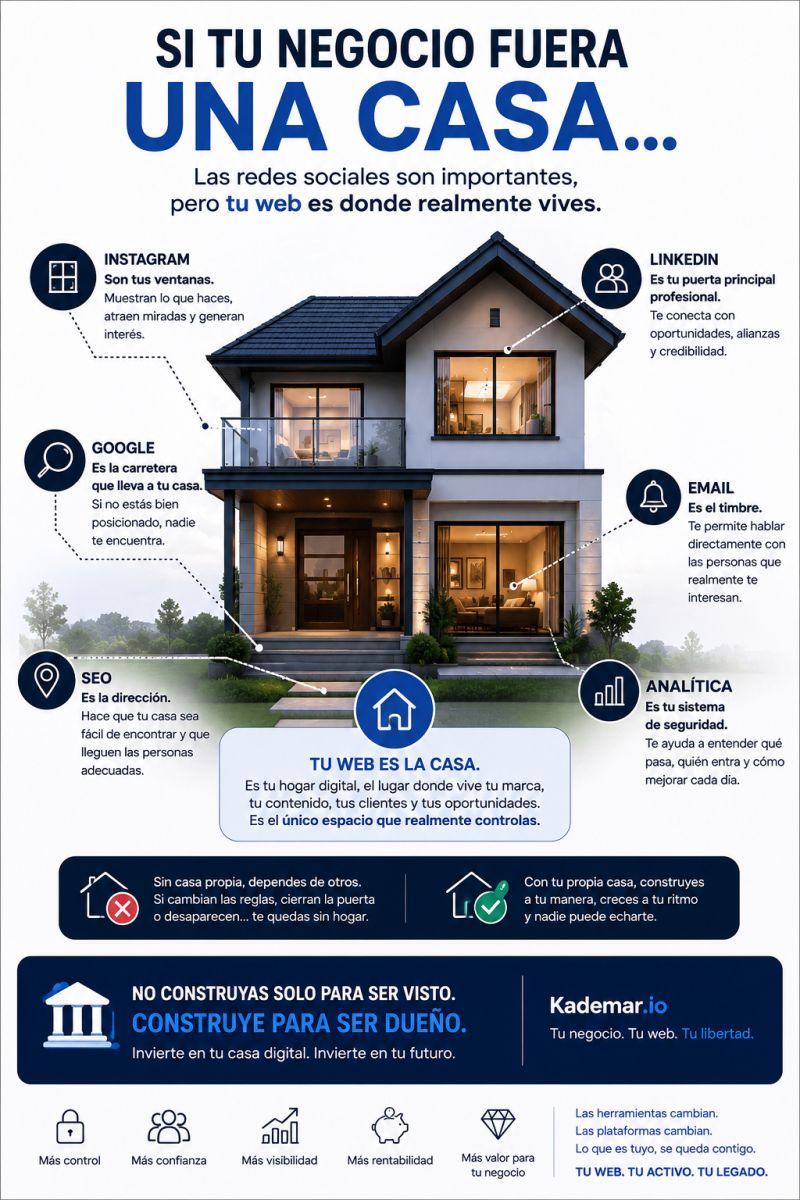 Infografía que compara una web propia con una casa digital y muestra el papel de Instagram, LinkedIn, Google, email, SEO y analítica en un negoci